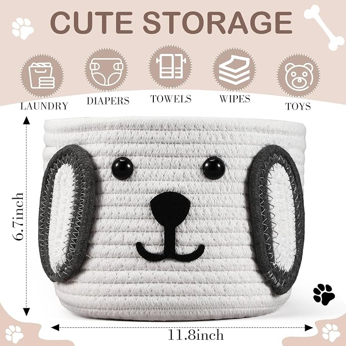 Zopeal Dog Woven Basket, 7.9" D x 6" H Cotton Rope Toy Storage Organizer, Dog Mom Gift Empty, Cute Laundry Puppy Gift Animal Basket for Clothes, Towels, Toy, Laundry, Bathroom, Home(White, Gray)