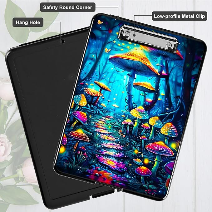 Blue Forest Mushroom A4 Clipboard with Storage Pen Holder, Clipboards Organizer Nursing Clipboard Foldable File Folder Plastic Clipboard Folio Clip Board for Office Students Classroom