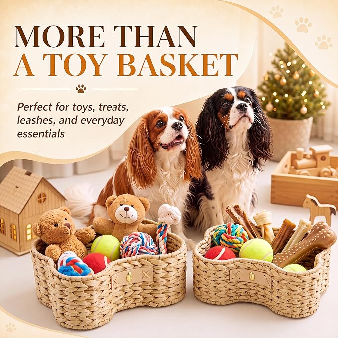 Barydat 2 Set Dog Bone Shaped Basket with Lid Gourd Grass, Light Brown | Large Small Sizes, Handmade Woven Basket for Toy Storage, Organizes Pet Items, Home Bin with Secure Lid Closure