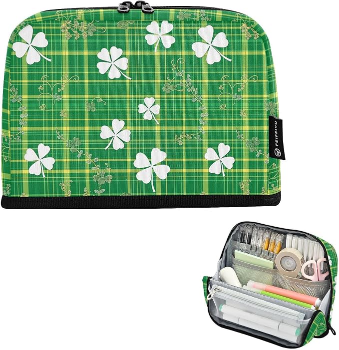 Aslsiy Large Capacity Pencil Case St Patricks Day Shamrocks-1 Pencil Pouch for Boys Girls Portable Pen Bag Organizer Standing Makeup Bag for School Office Supplies