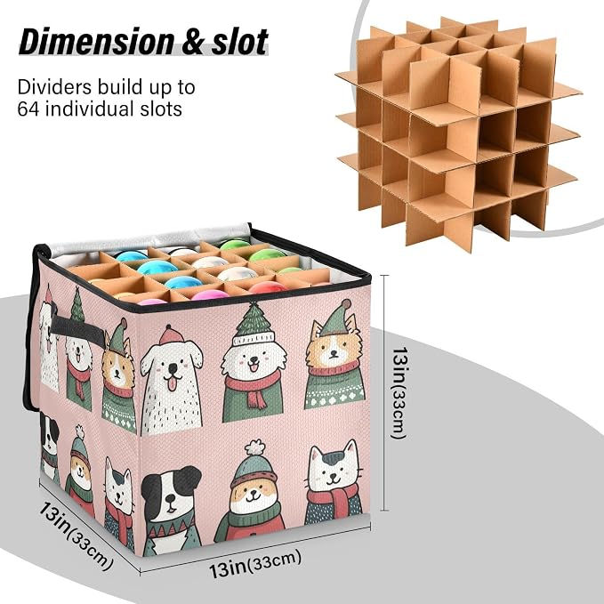 OTVEE Christmas Ornament Storage Box Holiday Decoration Organizer Stores upto 64 Holiday Ornaments Adjustable Dividers Tear-Proof Fabric Whimsical Pet Art