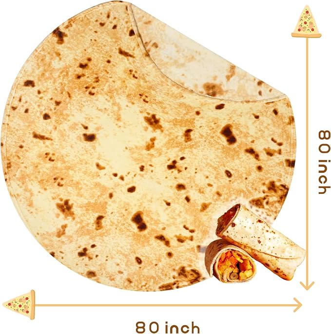 Bnuitland 80 Inches Tortilla Burritos Pattern Blanket for Bed Sofa, 300 GSM Double Sided Funny Giant Flour Novelty Realistic Taco Food Blanket, Super Soft Flannel for Your Family