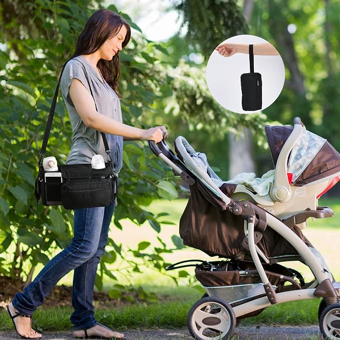 Momcozy Non-Slip Universal Stroller Organizer with Insulated Cup Holder | Detachable Phone Bag and Shoulder Strap, Fits UPPAbaby, Baby Jogger, Britax, BOB, Umbrella and Pet Strollers