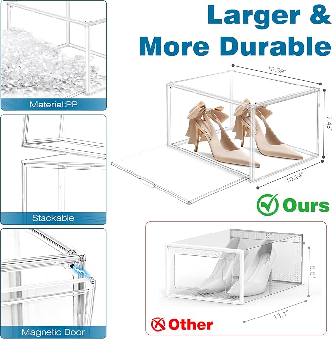 12 Pack Clear Acrylic Shoe Boxes, Wide Magnetic Door Shoe Organizer Size 12 | clear storage boxes for daily shoes, flats, low-top sneakers and closet storage,13.4 x 10.3 x 7.6 in