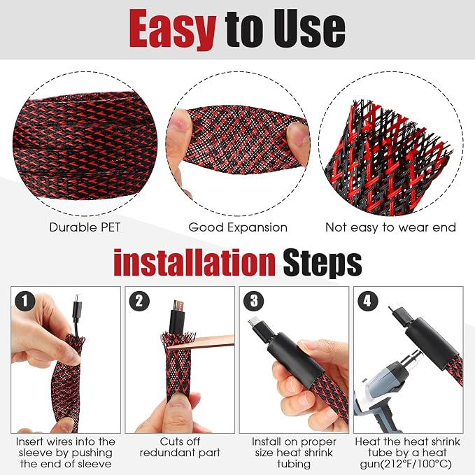 Tatuo 65.6 ft Braided Cable Sleeve Expandable Wire Sheathing(Red, Black) | with 120 Heat Shrink Tubing 1/4 in 2/5 in 1/2 in 3/4 in Wire Sleeve Cord Management for Television Audio Computer Video Pets