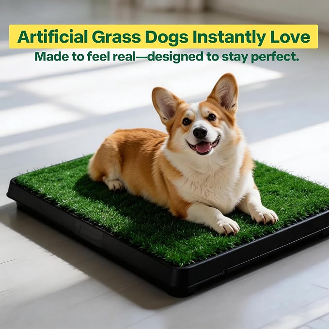 Pawise Dog Grass Pad with Tray, Artificial Turf PuppyPorch Potty Pad,20x25 | Indoor outdoor potty training, includes free garbage bags, 20x25 inches
