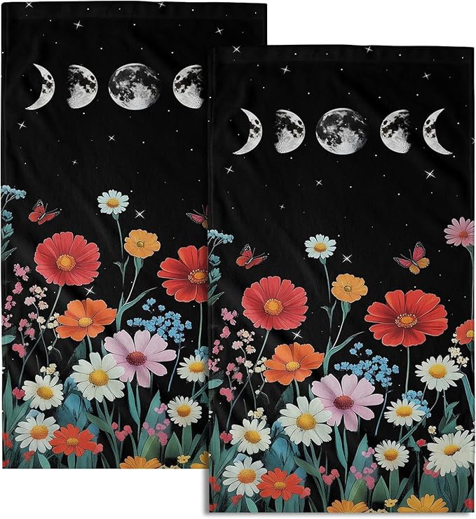 Giwawa Wild Flowers Hand Towel Set of 2 Colorful Boho Floral Moon Phases Towel Spring Summer Botanical Plant Face Towel Quick Drying Dish Wash Cloth for Hotel Bathroom Gym Home Spa Decor