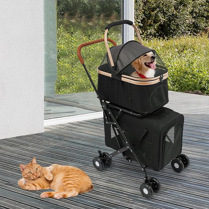 Double Dog Stroller for 2 Small & Medium Pets, Double Pet Stroller with Detachable Carriers, Foldable Dog Stroller for 2 Dogs, Two-Seater Carrier Dog Walk Jogger Travel Pet Carriage Cart (Black)