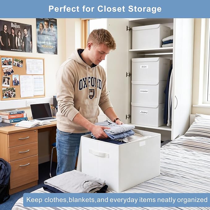 Large 17" 42 Quarts Collapsible Stackable Storage Bins with Lids [3-Pack] Foldable Fabric Linen Storage Boxes Cube, Closet Organizer Baskets with Label (16.7 x 12 x 12, White)