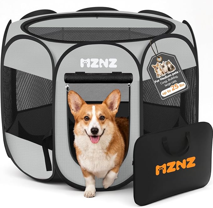 Dog Cat Small Animal Puppy Playpen Crate, Medium, Whole Grey | Portable Pop Up Pet Cage Enclosure Tent Kennel Indoor Outdoor with Carrying Case, No Assembly, Camping Use