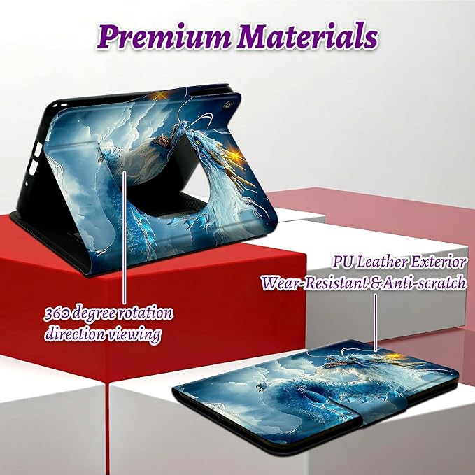 Rotating Handle Case for Samsung Galaxy Tab A11 2026/A9 2024 8.7 Inch, 360 Degree Swivel Kickstand with Magnetic Closure Leather Protective Cover for Women Men, Cloud Blue Dragon