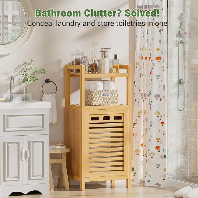 Homykic Tilt Out Laundry Hamper Cabinet, 10 Gal Bamboo Laundry Organizer | Wooden Laundry Basket with Removable Bag, Hidden Hamper with Shelf for Clothes, Bathroom, Laundry Room, Bedroom, Space Saving