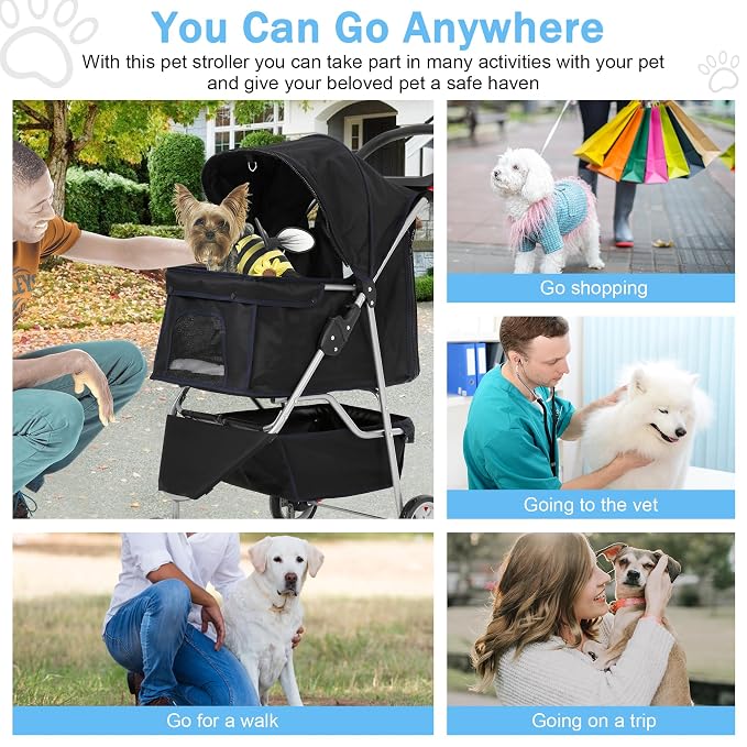BLKMTY Folding Dog Stroller, 3 Wheels Pet Stroller, Foldable Cat Strollers Waterproof Travel Carrier Strolling Cart for Puppy Jogger with Cup Holder & Storage Basket, Black