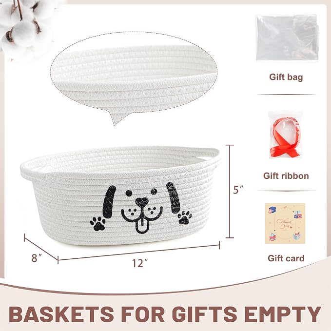 Bufims Small Woven Dog Gifts Basket for Storage Empty Dog Toy Bins Organizer with Ribbons and Bags Durable Cute Pet Gifts 12"X 8" X 5" Small Rope Basket for Gifting