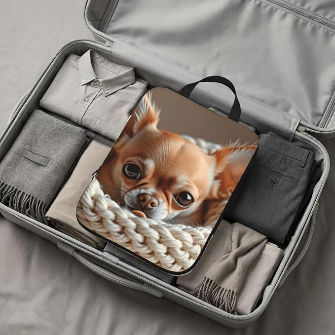 Cute Brown Chihuahua Compression Packing Cubes Set Of 4, Lightweight Expandable Travel Organizer Bags With Double Zipper For Vacation Business