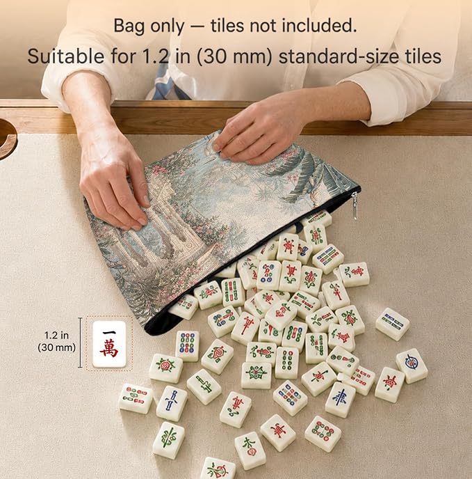 Chinoiserie Tropical Plant Peacock Empty Mahjong Tile Bag 13x7.8in | French Country Flower Garden Heron Printed Portable Organizer Zipper Pouch for American Mahjong Tiles Accessories and Gifts