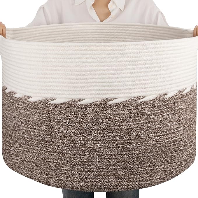 OIAHOMY 105L Extra Large Blanket Basket - Decorative Cotton Rope Storage Basket for Bedroom, Living Room & Nursery - Woven Laundry Hamper for Organizing Blankets, Clothes & Toys - Brown & White
