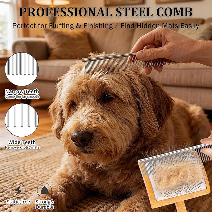 Dog Slicker Brush for Goldendoodles, Poodles & Long Haired Dogs - Long Pin Doodle Brush & Pet Comb Kit Removes Tangles Loose & Knots, Professional Grooming Tools with Wooden Handle, Natural