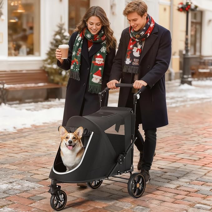 Magshion Pet Stroller for Medium Large Dog, 3-Wheel Foldable Jogger, Black | All-Terrain with Adjustable Handle, Dual Entry, Rear Storage, Breathable Mesh, One-Foot Brake, Up to 55 lbs