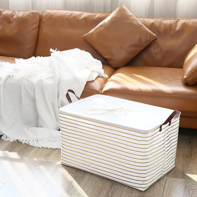 Hinwo 70L Extra Large Canvas Storage Bin with Lid and Handles | Collapsible Fabric Basket, Closet Shelf Organizer, Container for Clothing, Blankets, Toys, Bedding (Gold Stripe)
