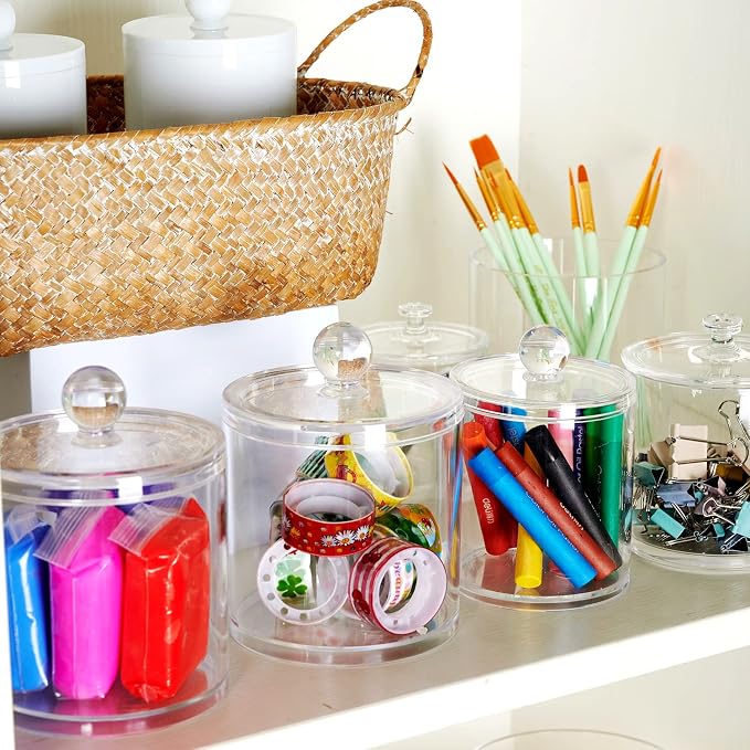 SheeChung 3 Pack Acrylic Qtip Holder with Labels, Qtip Jars for Bathroom | Shatterproof Plastic Apothecary Jars for Bathroom Organization – Vanity Cotton Swab Holder for Cotton Balls,Pads,Floss Picks