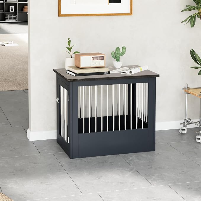 30" Wooden Dog Crate Furniture,Medium Kennel Pet Cage End Table for Indoor | for Small Medium Dogs, Grey and Black, Fits Living Room Bedroom, Heavy Duty Steel Frame with Lock 45 lbs Cap, 100 lbs Top.