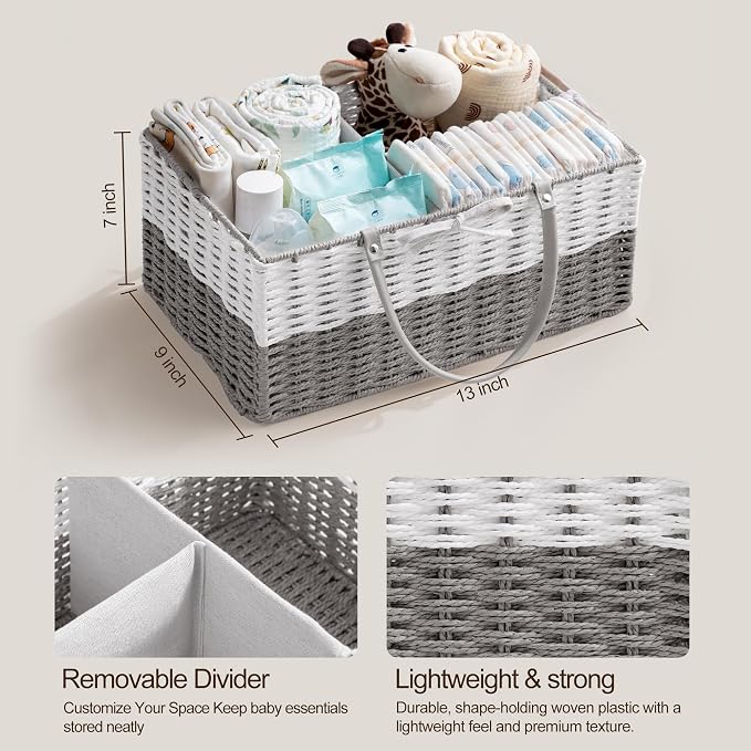 HBlife Baby Diaper Caddy Organizer, Paper Rope Storage Baskets Nursery Bin with Removable Divider, Portable Car Organizer for Diapers, Baby Shower Gifts, Newborn Essentials Must Haves