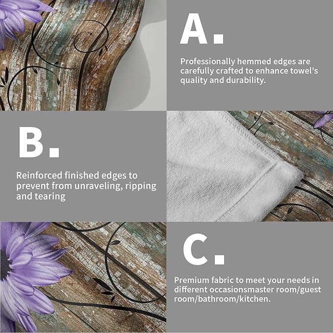 Giwawa Rustic Barn Sunflower Wooden Hand Towel 15x30 Set of 2, Fall Purple Daisy Flower Plank Fingertip Towel Retro Board Face Towel Country Barnwood Washcloth for Bathroom Farmhouse Log Cabin