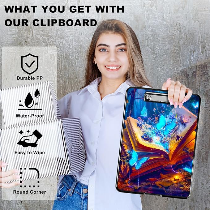 Book Blue Butterfly A4 Clipboard with Storage Pen Holder, Clipboards Organizer Nursing Clipboard Foldable File Folder Plastic Clipboard Folio Clip Board for Office Students Classroom Doctor