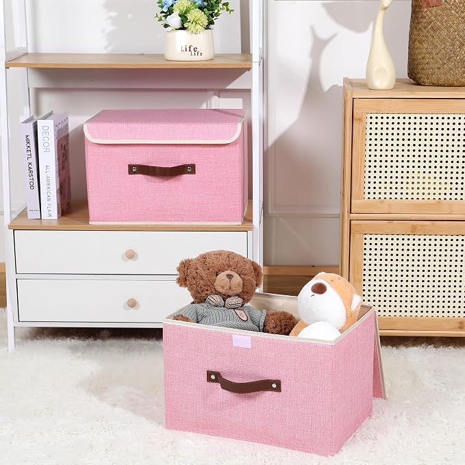 ANMINY Fabric Storage Box Bins with Lids, Pink, 15"x10"x10", 4 Pack | Keepsake Memory Storage, Cotton Linen, PP Board Reinforced, Washable, PU Handles, Foldable & Stackable, Decorative, Large