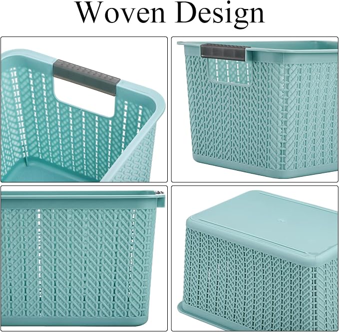 Lawei 9 Pack Plastic Storage Baskets, 10.5 x 7.1 x 5.5 Inch Weave Storage Bins with Handle, Plastic Shelf Organizer Basket for Home Cabinet, Pantry Storage Bins for Toys, Classroom, 3 Colors