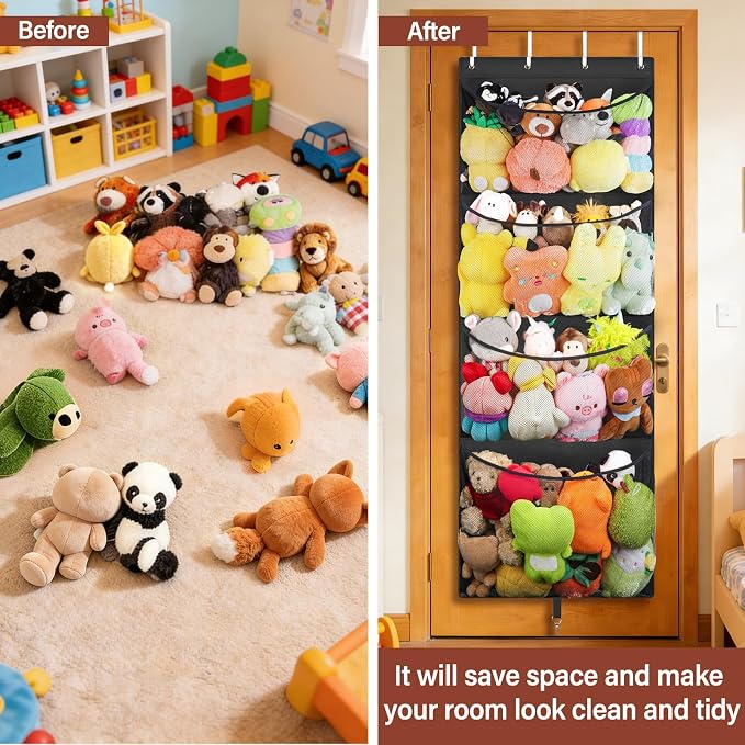Over Door Stuffed Animal Storage, Hanging Plush Toy Organizer Holder | Behind Door Organizer with 4 Large Pockets, Mesh Hammock Bag for Doll & Bear Stuffies, Idea for Girl Boy Kid Nursery Closet