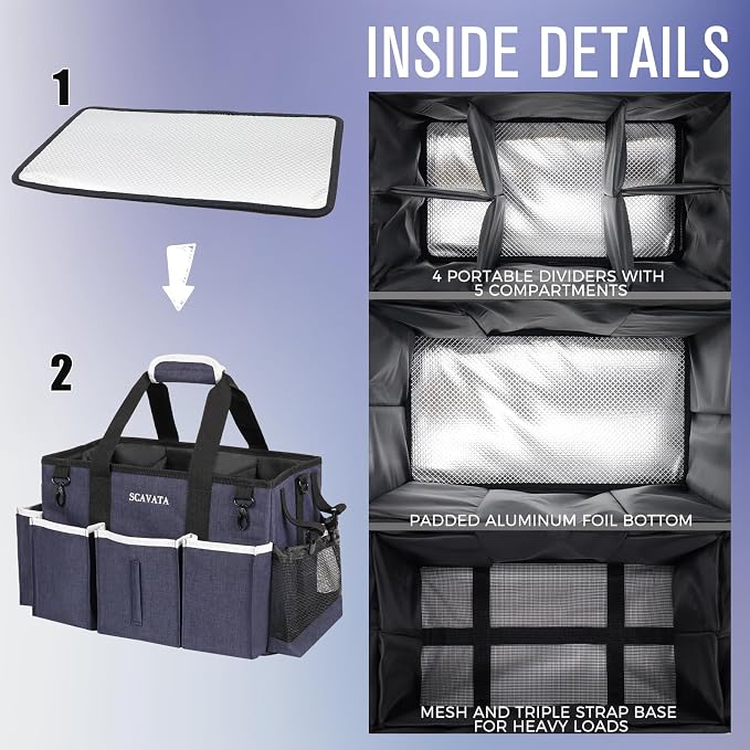 SCAVATA Wearable Caddy Bag, Cleaning Supplies Organizer With Handle & Shoulder Straps for Housekeepers, Under Sink & Car Tool Organizers With 4 Foldable Divider (NavyBlue)