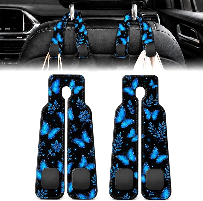 2 Pack Blue Butterfly Car Headrest Hooks for Purse Seat Back Hanger | Blue Butterfly Car Accessories Metal Hook, Nature Gifts for Women, PU Leather Double Hook for Backseat Organizer