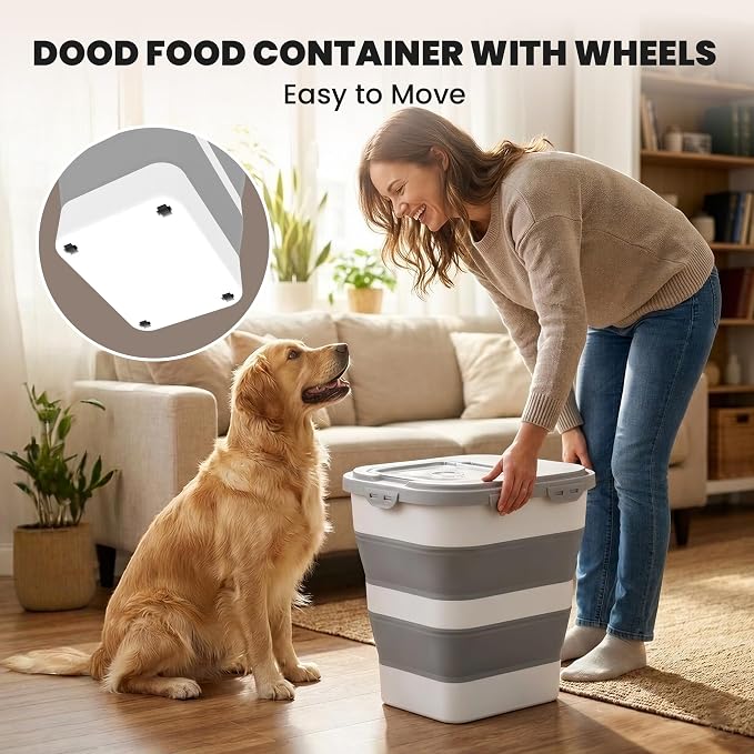 35-40Lbs Airtight Dog Food Storage Container Collapsible Dog Food Container | Large Pet Food Storage Container with Lid, Wheels,Date Track,Keep Fresh for Rice,Flour,Sugar,Scoop,2PCS Container