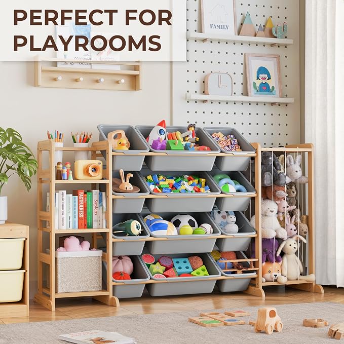 Toy Storage Organizer with Bookshelf and Stuffed Animal Storage - Kids Playroom Organization with Shelves and 12 Toy Bins - Toddler Living Room Toy Box for Lego - Nursery Bedroom Decor Essential