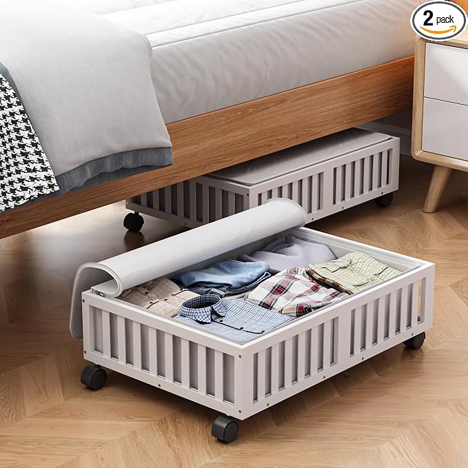 MHXW SXPN 2 Pack Bamboo Under Bed Storage Containers with Wheels, White | Underbed Drawer Storage with Bag, Wood Rolling Underbed Organizer for Shoes, Sheets Clothes Blanket Comforter, Under Crib Toy