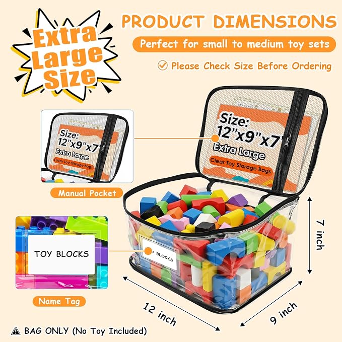 HOUYEE 6 Pack Extra Large Clear Toy Storage Bags With Zipper (Black) | Toy Organizer Bags with Name Tags and Mesh Pocket,Reusable PVC Waterproof Storage Bags for Toys, Board Games, Building Blocks