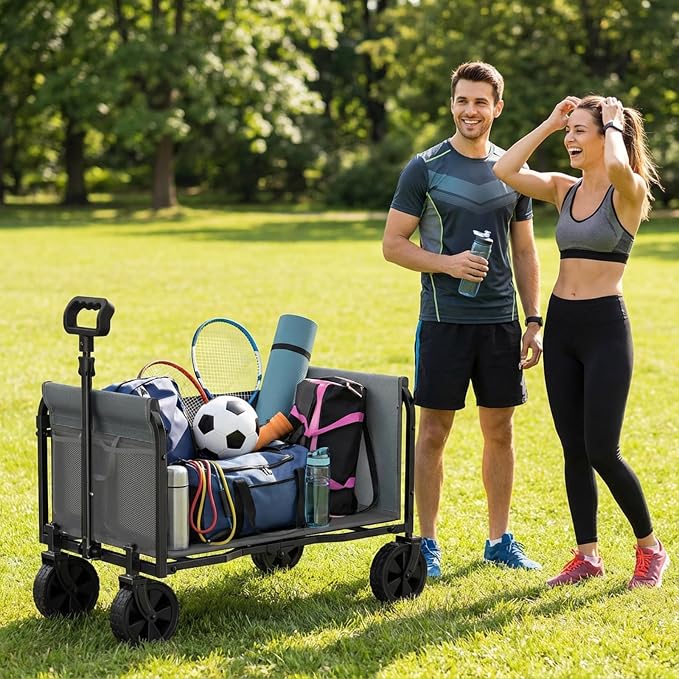 Portable Collapsible Wagon Cart, Foldable Cart with Removable Side, Utility Groceries Wagon for Dogs Cats Camping Beach Shopping Sports Gardeing Fishing, Gray