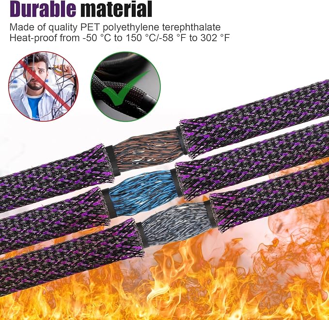 Tatuo 65.6 ft Braided Cable Sleeve Expandable Wire Sheathing (Purple) | with 120 Heat Shrink Tubing 1/4 in 2/5 in 1/2 in 3/4 in Wire Sleeve Cord Management for Television Audio Computer Video Pets