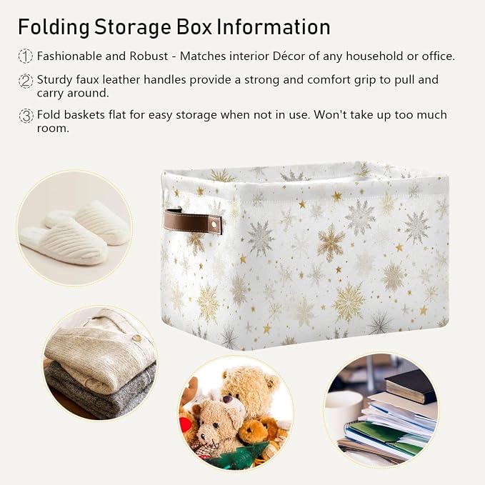 Winter Snowflake White Storage Basket with Waterproof Liner and PU Handles Golden Christmas Holiday Xmas Storage Boxes 14.2" Collapsible Decorative Organizer Baskets for Bedroom Closet Office 2 Pack