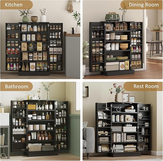 HOMCOM 41" Kitchen Pantry Storage Cabinet 12 Door Shelves Black | Freestanding Kitchen Cabinet, 2 Doors, 5-Tier Shelving, Adjustable Shelves