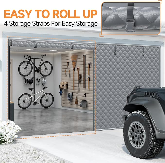 Car Garage Door Insulation Kit Fits 9x7 FT, Magnetic Thermal Insulated Door Curtain for Winter, Thermal Door Cover for Cold with Thickened Cotton, Garage Door Screen for 1 Car - Gray