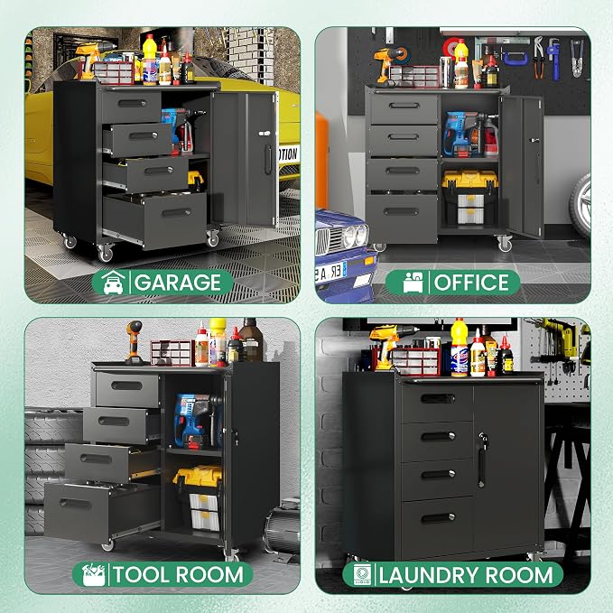 Garage Cabinets,Metal Garage Storage Cabinet with Wheels,Black Lockable Rolling Tool Cabinet with Drawer and Adjustable Shelves,Heavy Duty Tool Chest for Home Office Utility Room