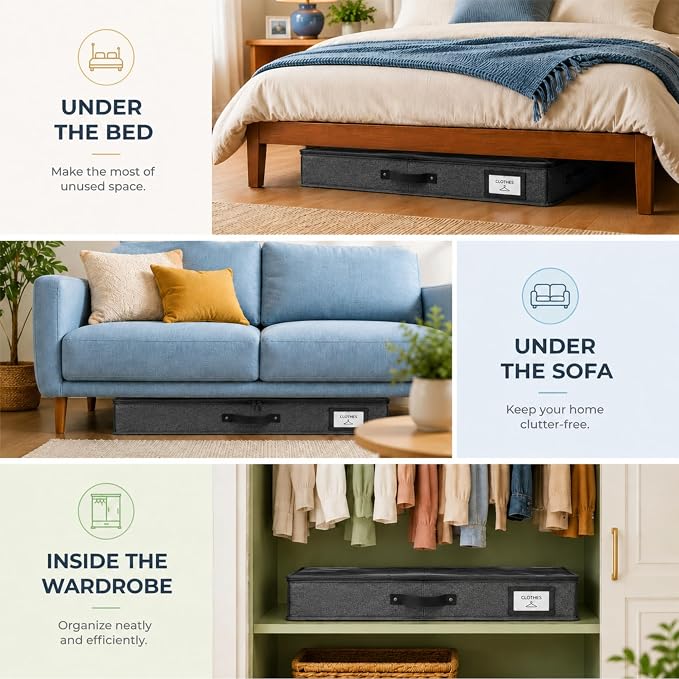 HOMELUX THEORY Under Bed Storage, Low Profile 2pc with Lid, Dark Gray | Slim fit for low-clearance beds & couches, Fits seasonal clothes, blankets & shoes, Bins with lids, Space-saving storage