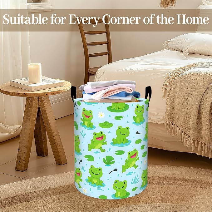 Cute Frog Laundry Basket, Cartoon Frogs Lily Foldable Oxford Cloth, Waterproof Dirty Clothes Hamper with Handles, Clothing Storage Bin Toy Organizer for Bedroom Dorm Bathroom, 19.7"x15.7"