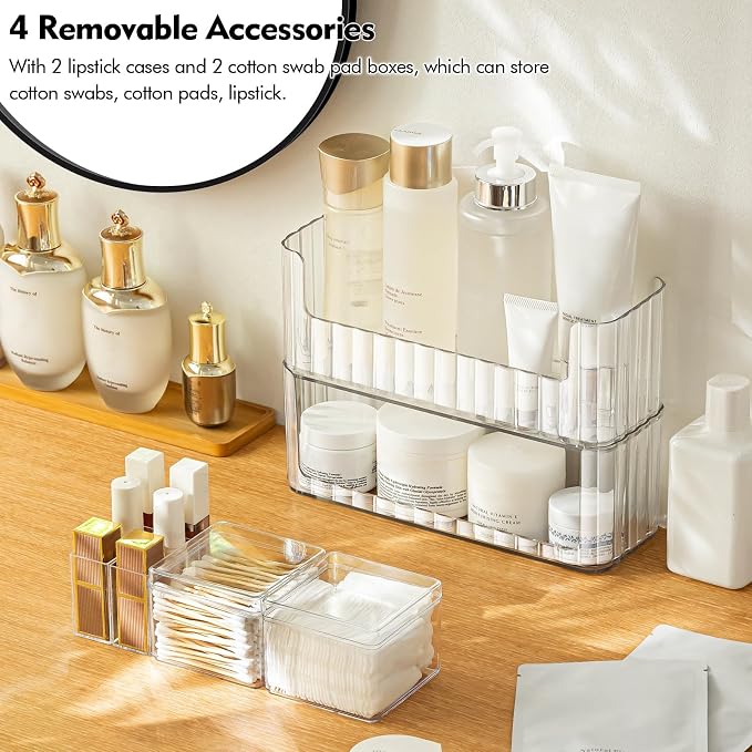 2 Pack Stackable Makeup Organizer Tray, Transparent Cosmetic Display Case with 2 Lipstick Cases and 2 Cotton Swab Pad Boxes, Medicine Cabinet Shelves Organizer