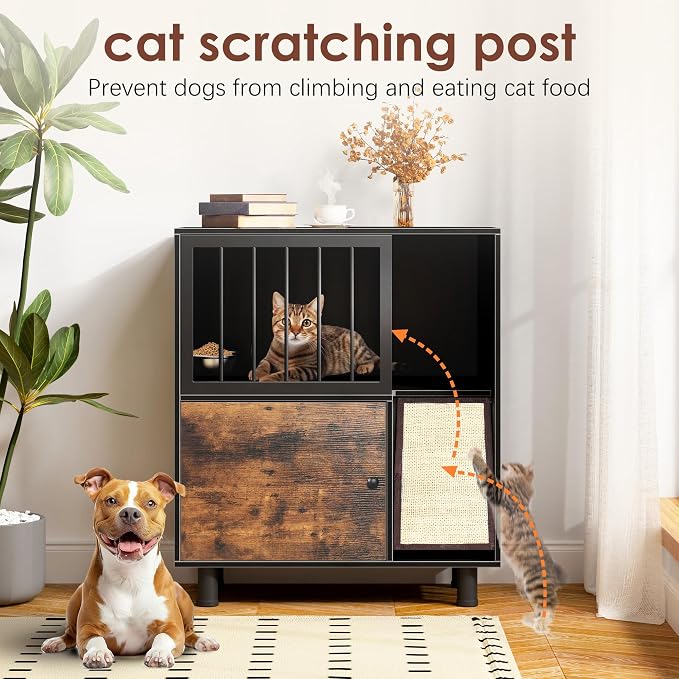 Dog-Proof Wood Cat Feeding Station with Lockable Storage & 2 Removable Stainless Steel Bowls - Anti-Spill Cat Condo with Scratching Board for Indoor Multi-Pet Homes