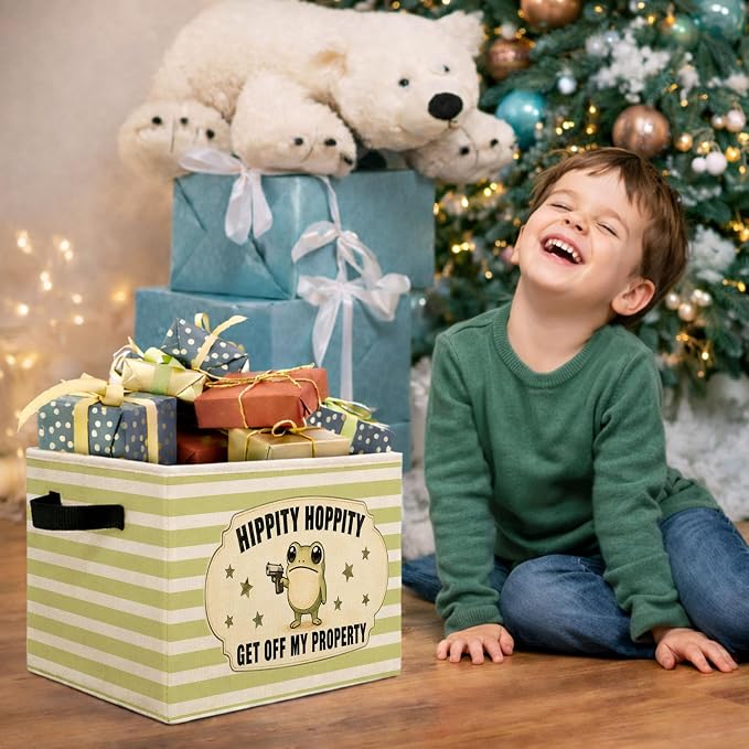Funny Frog Green Stripe Foldable Fabric Storage Bin | Hippity Hoppity frog design; foldable fabric storage bin for bedroom, dorm, closet, toys, books, or clothes.