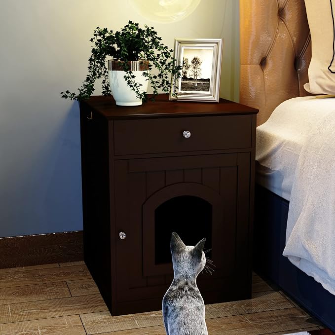 NicBex Cat Litter Box Enclosure with Drawer and Single Door Hidden Litter Box Furniture Pet Crate Covered Nightstand,Night Stand Cat House Indoor,Brown,18.9'' W
